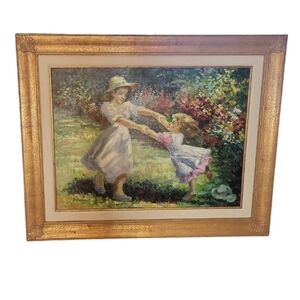 Vintage Colorful Oil Canvas Mom Daughter Dancing Framed Art